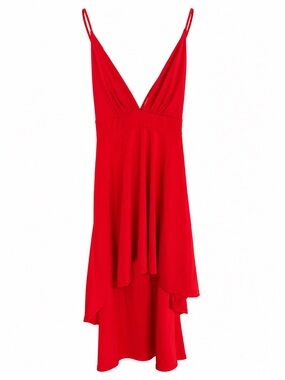 Vibrant Red Deep V-Neck High-Low Lace-Up Back Formal Dress Size M